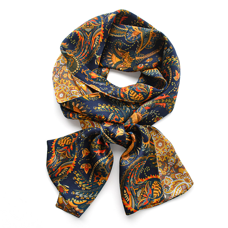 retrò blu Marina Militare anacardi donna sciarpe di seta strette su dovuto lati fazzoletto da collo in seta naturale fascia collo lungo sciarpa fascia per signora: Default Title