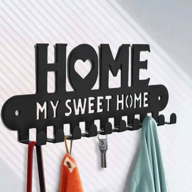 Black Metal Keychain Hook, Sweet Home Wall Hanging for Front Door Kitchen Bedroom Home Decor Metal Artwork: black
