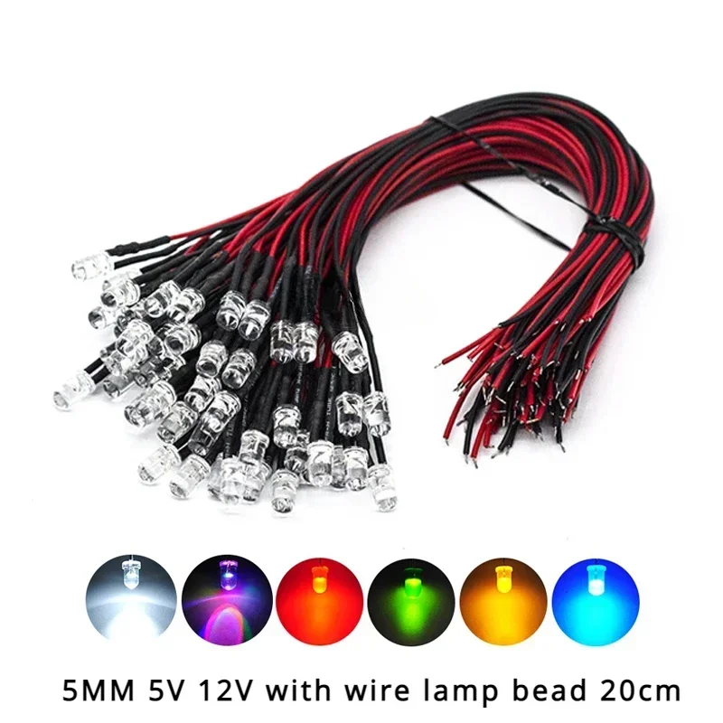 10/50 stk. 3v 5v 12v 24v dc 5mm vannklare ledet-dioder rød/grønn/blå/gul/uv/oransje/rosa/varm/hvit/rgb forhåndskablet 20cm- kabel