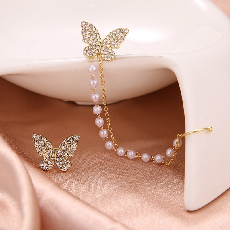 VKME Korean Crystal Butterfly Pearl Chain Stud Earrings For Women Clip On Earring Metal Cuff Earings Jewelry