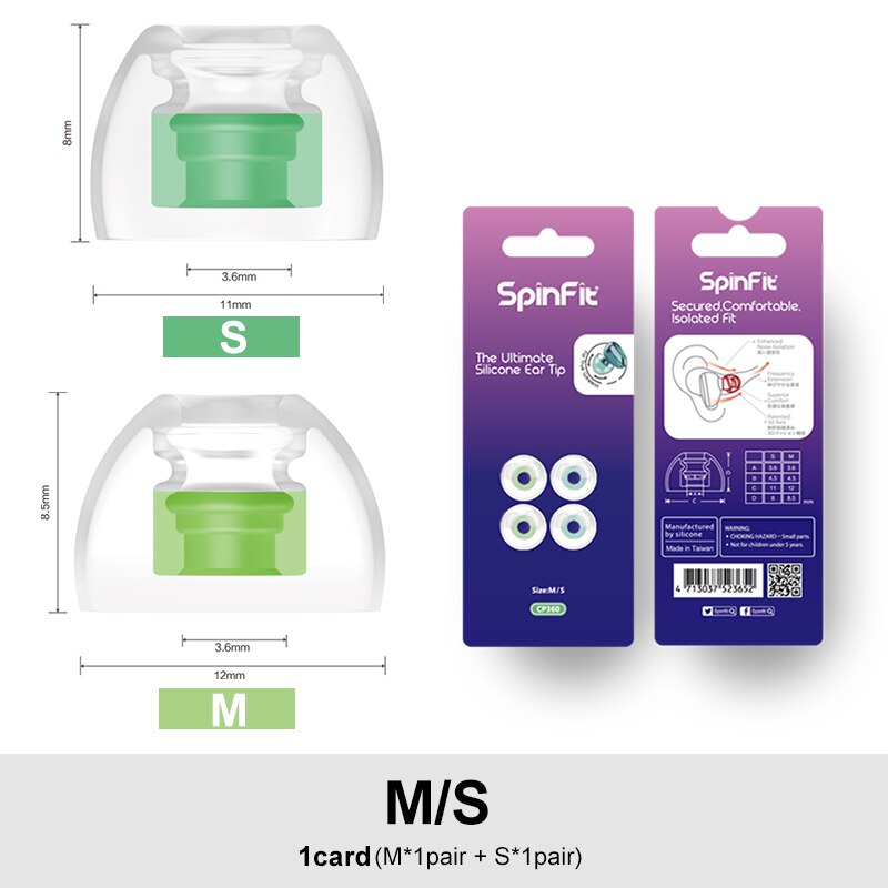 Dunu spinfit cp360 silicone eartips para verdadeiro fone de ouvido sem fio bluetooth 1 cartão/2 pares inclui dois tamanhos (pequeno/extra pequeno): S.M (1card)