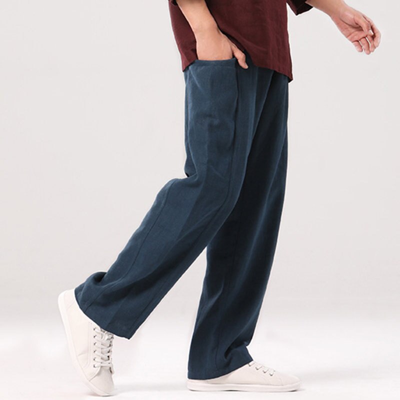 Men's Cotton and Linen Casual Jogger Pants Male Fitness Trousers Chinese Traditional Harajuku Spring Autum Clothe: Dark blue / XL