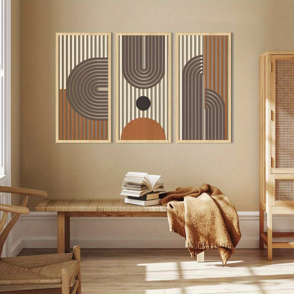 3 piezas de decoración de pared de arte de madera hueca de línea moderna, esculturas de pared geométricas abstractas, decoración de pared para dormitorio, sala de estar y oficina