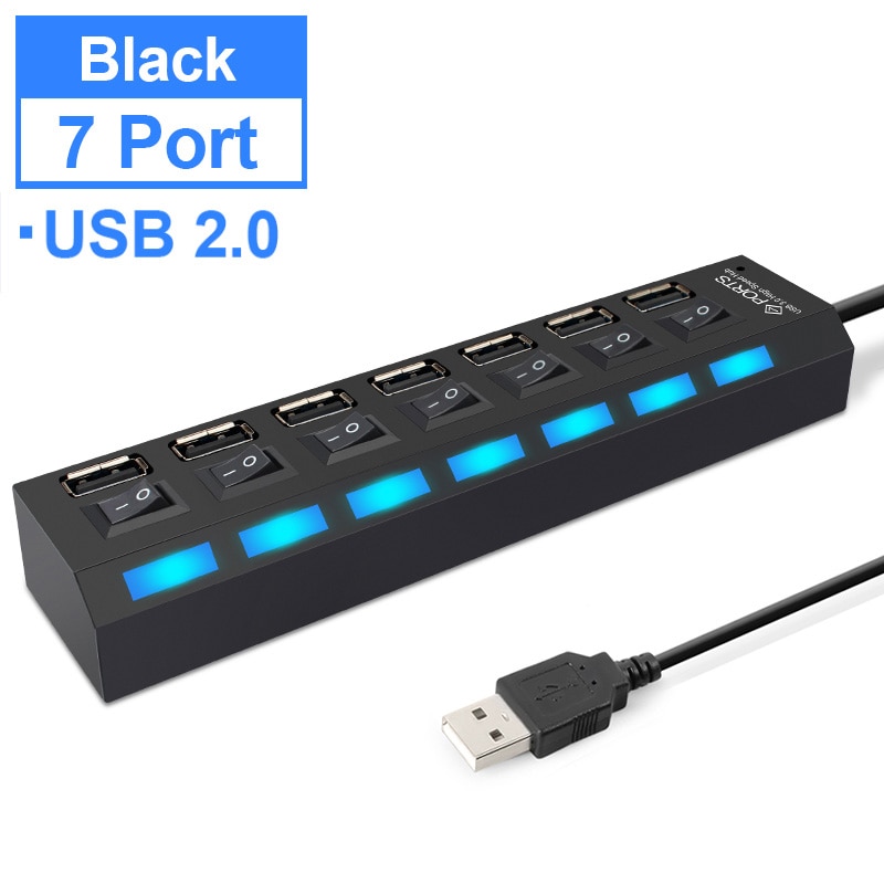 Usb hub 3.0 multi usb multi havn hub usb høyhastighets hab med av / på bryter usb splitter til pc datamaskin eu oss støpsel hub omformer: Usb 2.0 7- havn