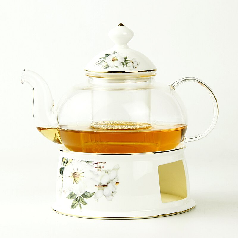 Tetera de vidrio, calentador de té de cerámica, conjunto de tetera de porcelana, tetera Flores, tetera de vidrio resistente al calor: Camellia