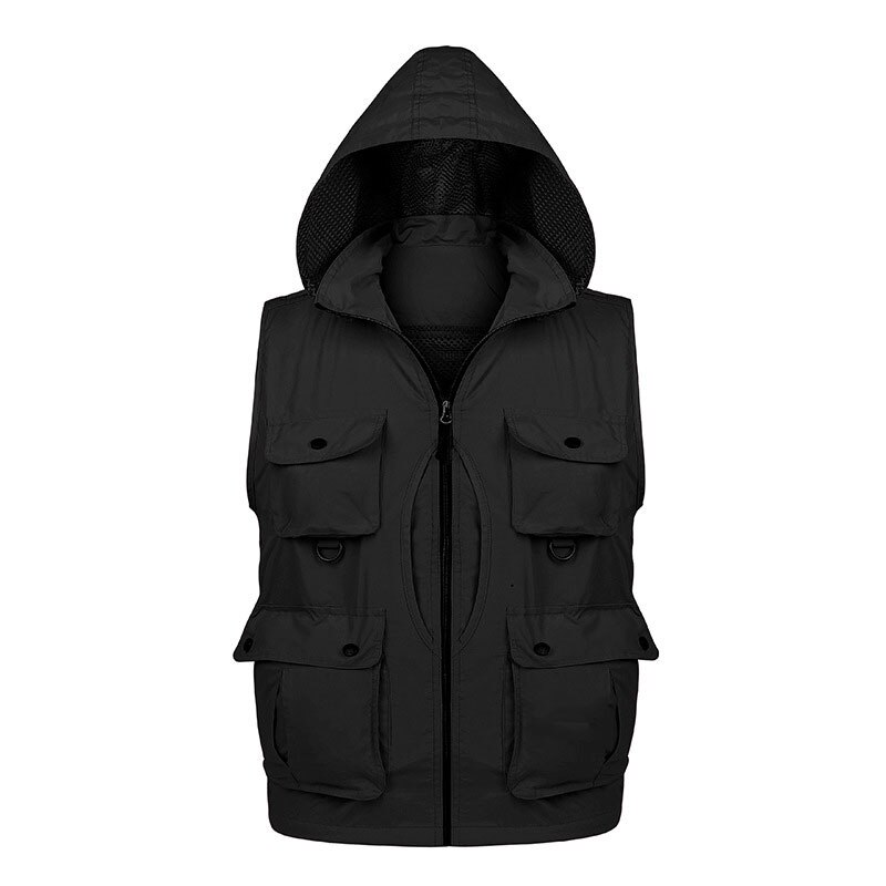 Quick Drying Photography Reporter Vest For Male Removable Back Multi Pockets Hooded Waistcoat Hiking Fishing Jackets Size L-XXXL: Black / XL