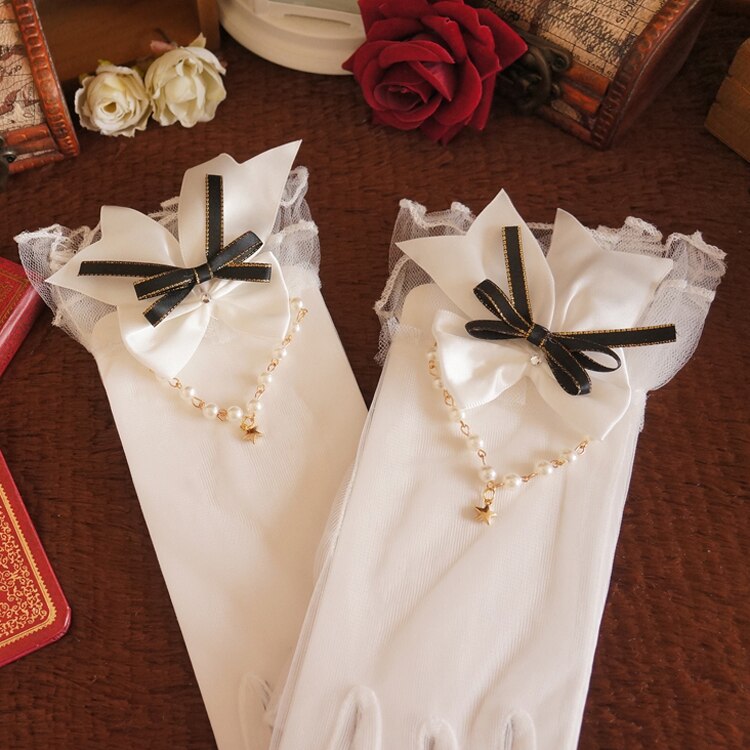 Gants en dentelle pour filles, magnifique collier de perles, cœur Lolita, maille, nœud perlé: Black