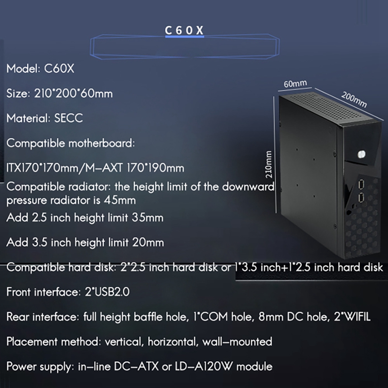 C60X Mini Computer Case Can Be Wall-Mounted USB2.0 ITX MATX Industrial Control Desktop HTPC Noise-Free Running Case