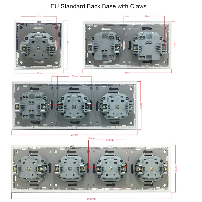 Cuádruple Enchufe europeo caja redonda montaje CE Wallpad cristal negro de lujo 4 Marco 16A EU enchufe eléctrico estándar con garras
