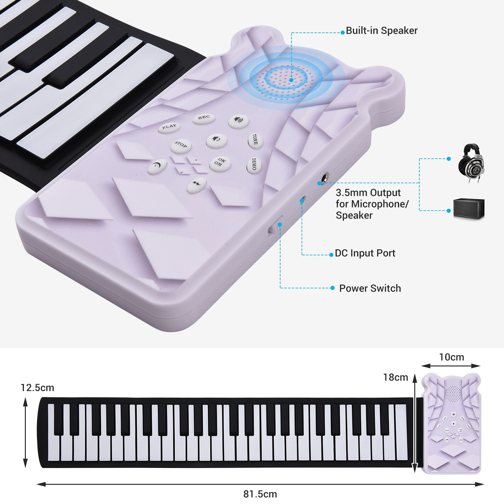 Portable 49-key Roll-up Electronic Piano Keyboard 8 Tones 6 Demos Record Funtion Built-in Speaker with Echo Sustain Trill Effect