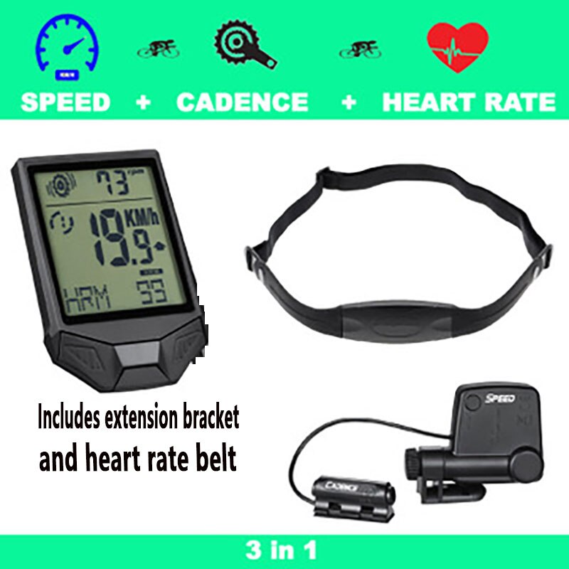 Multi-Function Bicycle Computer 2.8 Inch Large Screen Cadence Heart Rate LED Luminous Long Bright Mountain Bike Speedometer: heart rate belt
