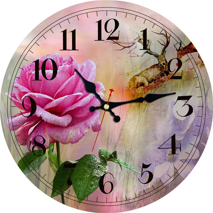Reloj de pared de madera grande, reloj de pared de madera redondo con números grandes árabes, ciervo gris, decoración artística para el hogar