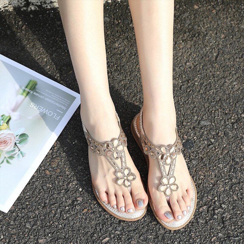 Rhinestone sandals flat heel hollow boho comfort women's flip-flops beach soft sandals elastic band