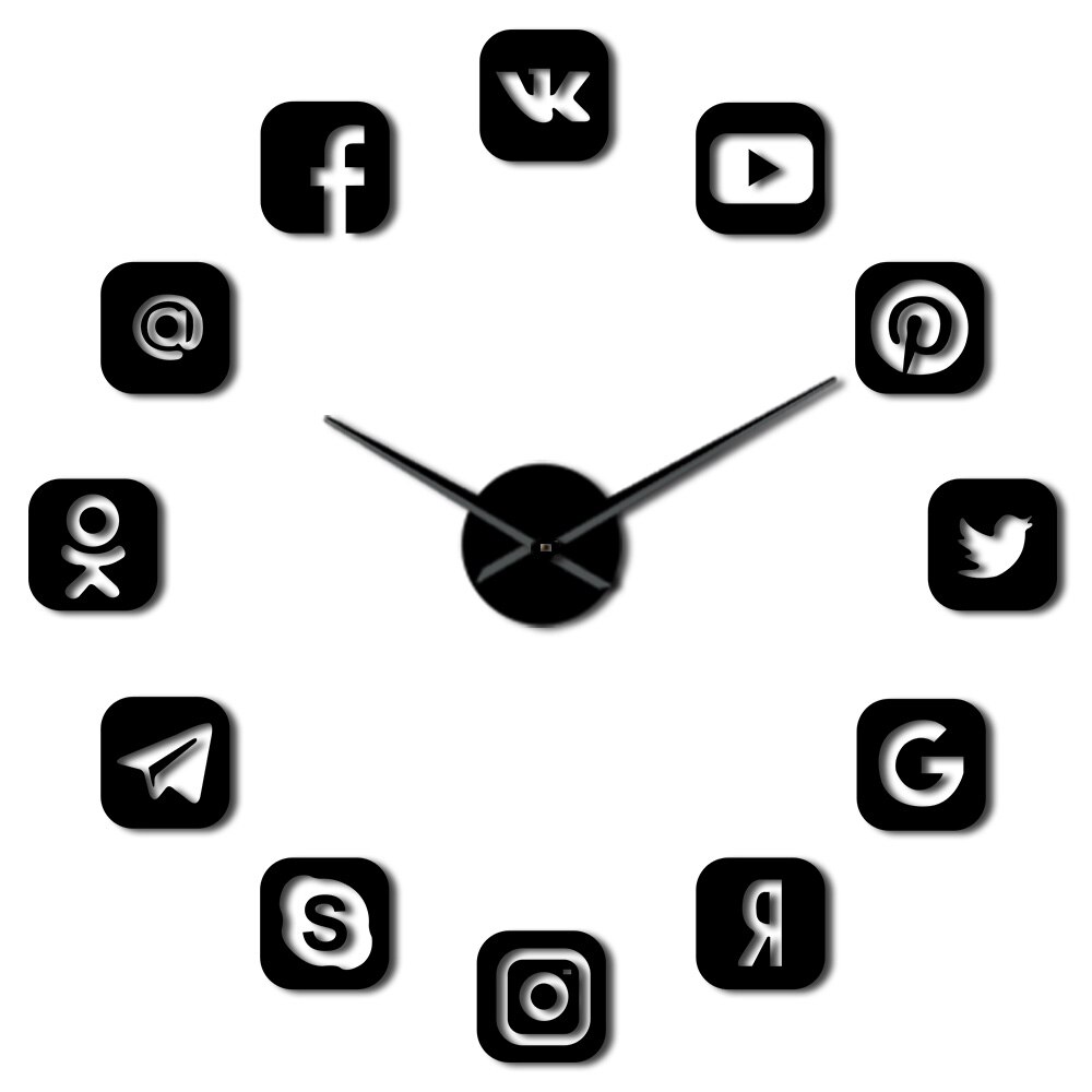 Social Media Symbols DIY Giant Wall Clock Watch Office College Dorm Decor 3D Frameless Icons Wall Time Clock for Teenagers: Black / 37 Inch