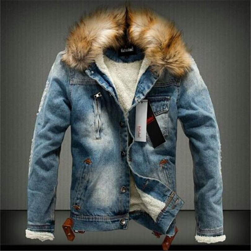 Mens Denim Jacket with Fur Collar Retro Ripped Fleece Jeans Jacket and Coat for Autumn Winter: Blue / S