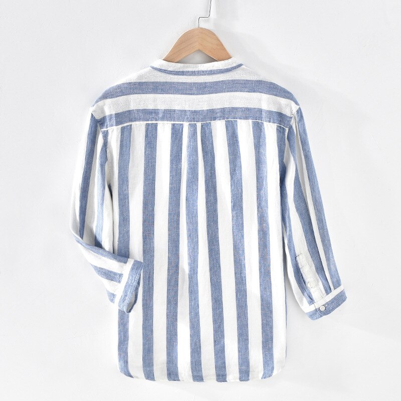 Menn vår sommer japan stil stativ krage trekvart ermet stripe skjorte herre 100%  lin casual skjorter