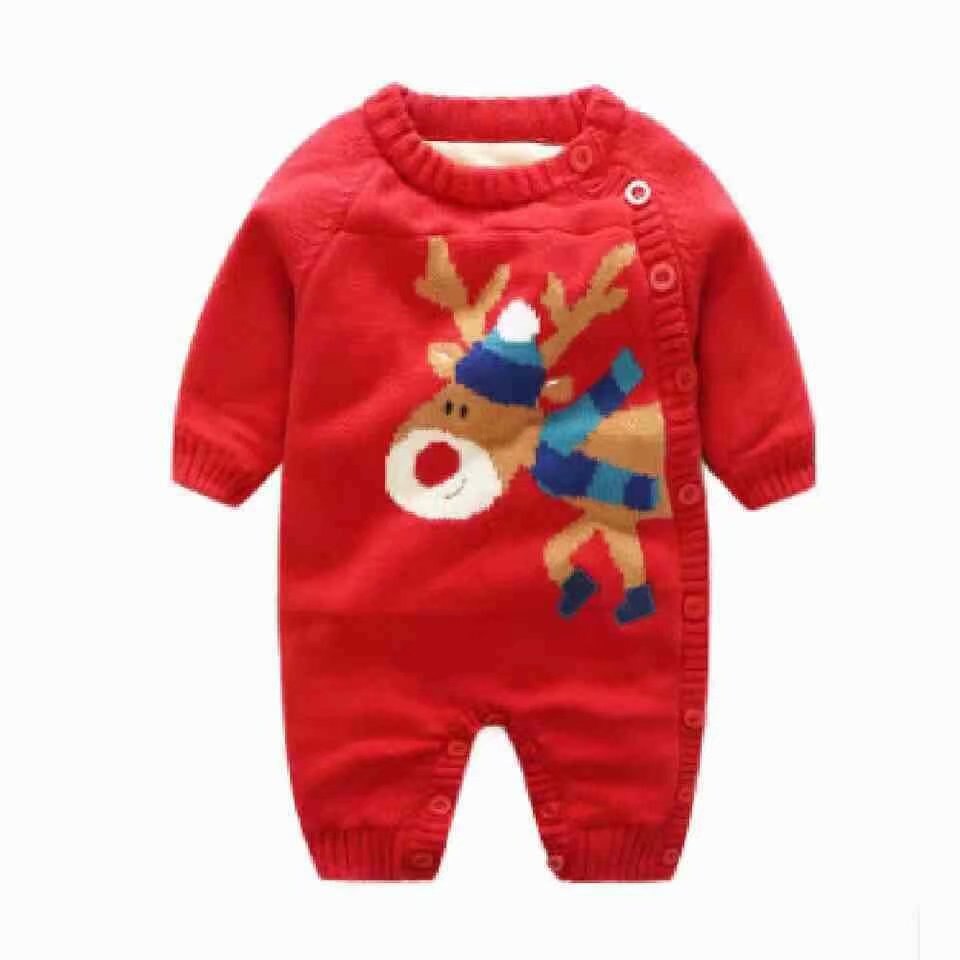 Babykleding in winterstijl, geborsteld en dik, superzacht, van katoendraad, gemaakt van een stuk, in een rompertje, gemaakt van een mannelijk en vrouwelijk model, om te kruipen: Rode geweien