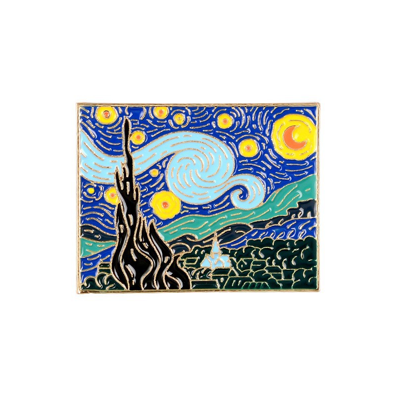 Pintura al óleo de cielo estrellado, girasol, chica, geométrico de metal, insignias, broche, alfileres de esmalte, etiqueta, bolsa, mochila, sombrero, de joyería: Chapado en cobre envejecido