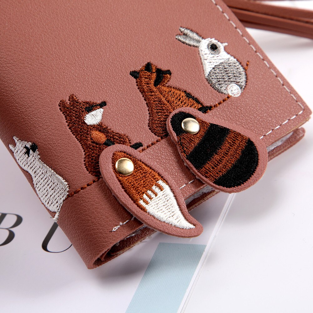 Damen-geldbörse mit fuchs- und katzenmotiv, kurze geldbörse mit quaste, münzfach, kartenhalter, handtasche, rosa, grün, schwarz, grau, damen-geldbörsen und -portemonnaies, carteira  #t20