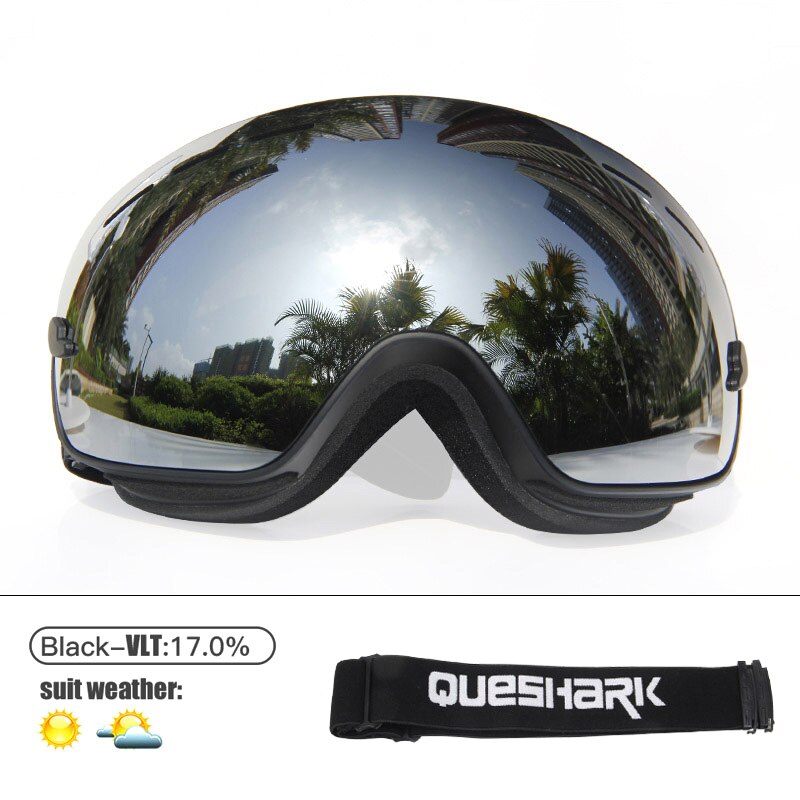 Queshark Mannen Vrouwen Skibrillen Dubbele Lagen UV400 Anti-Fog Grote Ski Masker Skiën Bril Sneeuw Snowboard Goggles Eyewear met Zak: Black Silver