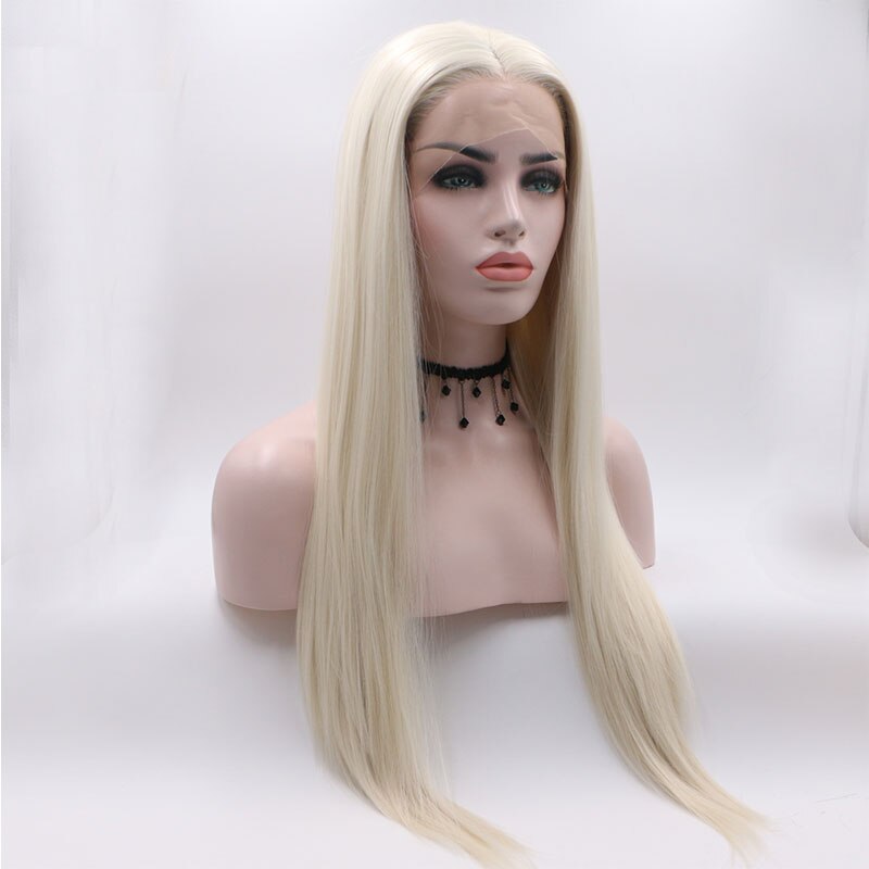 Bombshell White Color Straight Synthetic Hair Lace Front Wig Glueless Heat Resistant Fiber Hair Middle Parting For Women Wigs