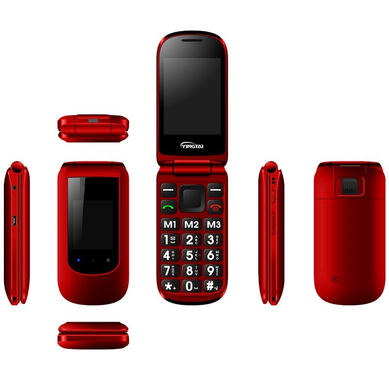 Classic Flip Phone YINGTAI T09 Feature Phone GSM Big Push-button Dual Screen Clamshell Elder Telephone Cell Phones FM MP3: Add 16G TF card / Red Black