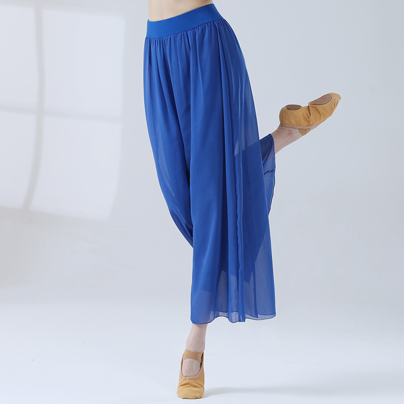 Culottes in chiffon da danza classica per donna Pantaloni a gamba larga a 2 strati Danza moderna Pratica fluida allentata costume di danza popolare cinese