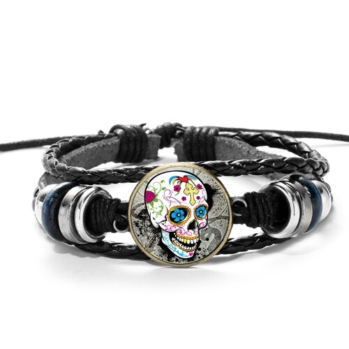 SIAN Sugar Skull Mexico Folk Art Patterns Bracelet Multilayer Braided PU Leather Bracelet Men Women Day of The Dead Special: Style 2