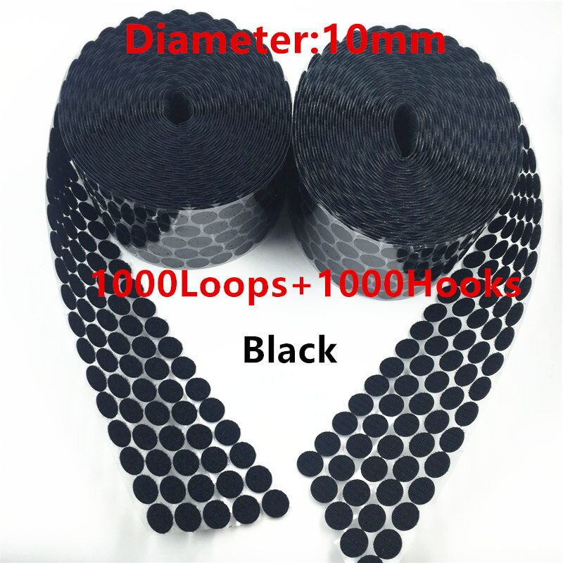 1000 par krog og løkke tape nylon rund prik klistermærker stof klæbebånd stærk lim på tape fastgørelse: Sort 10mm 1000 stk