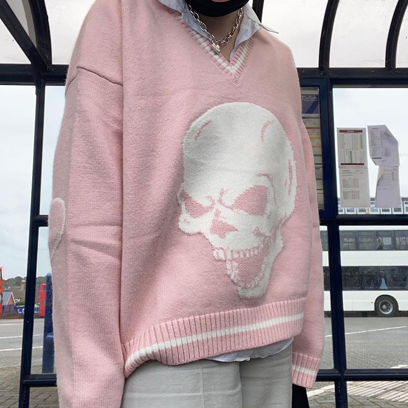 Allneon grunge esthétique crâne graphique tricoté  y2k pulls style punk col en v manches longues pulls surdimensionnés vintage 2000s hauts