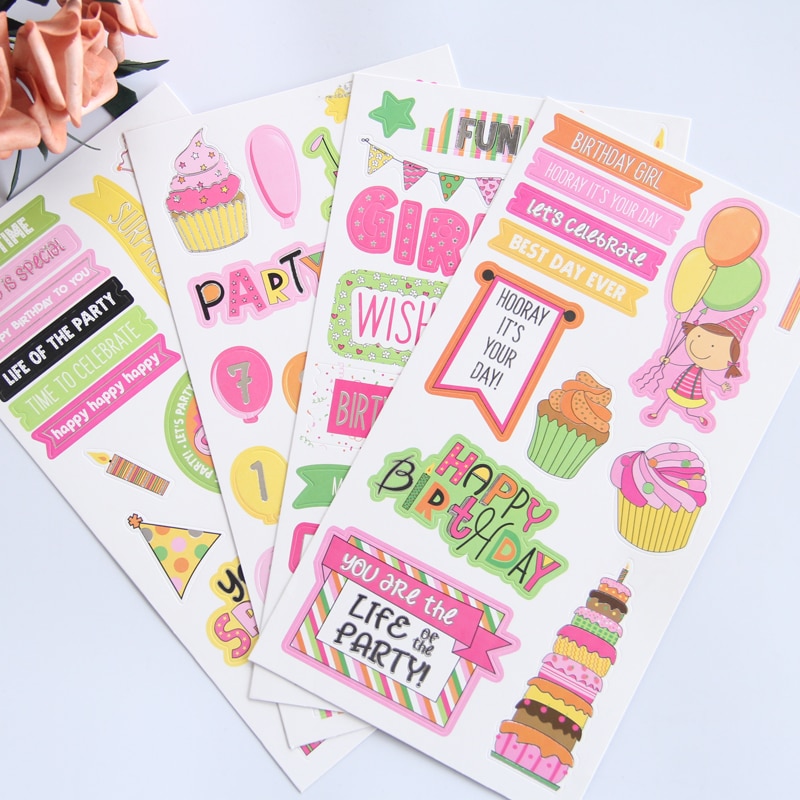 KLJUYP 4pc Birthday Girls Self- adhesive Paper Sticker for Scrapbooking Happy Planner/Card Making/Journaling Project