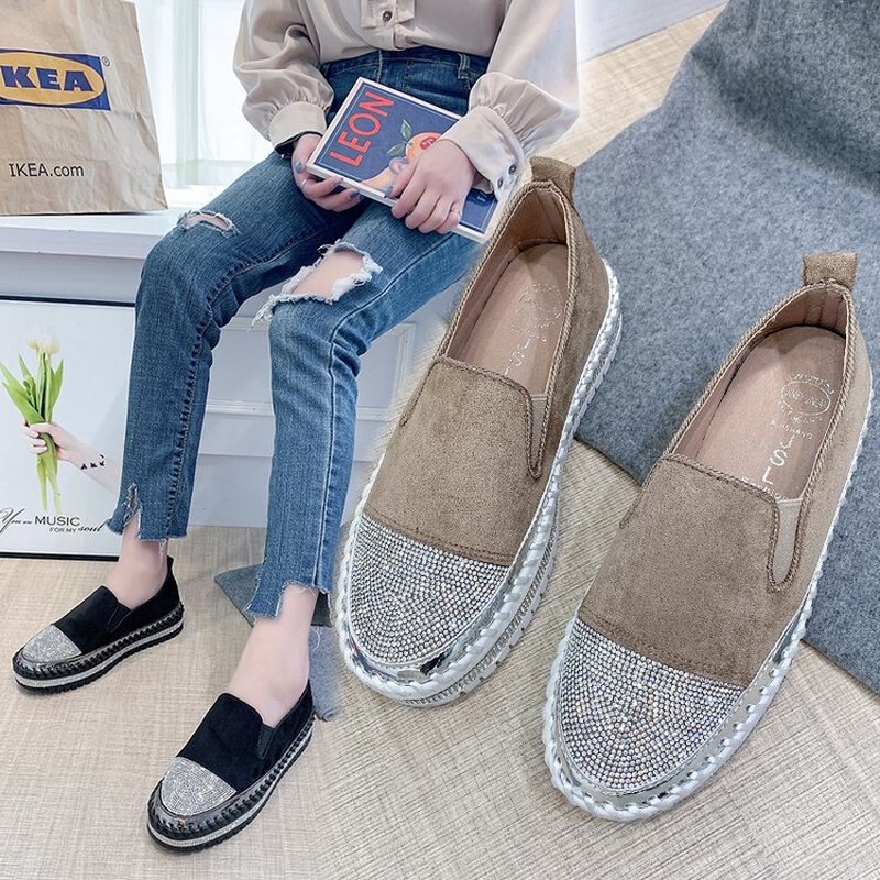 Våren kvinnor lägenheter skor platå sneakers slip on flats läder mocka dam loafers bling kvinnor creepers
