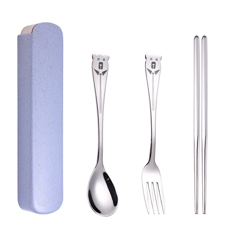 1 Set Cartoon Stainless Steel Portable Cutlery Set Children's Student Fork Spoon Chopsticks 3 Piece Set 2 Piece Set: Blue 3