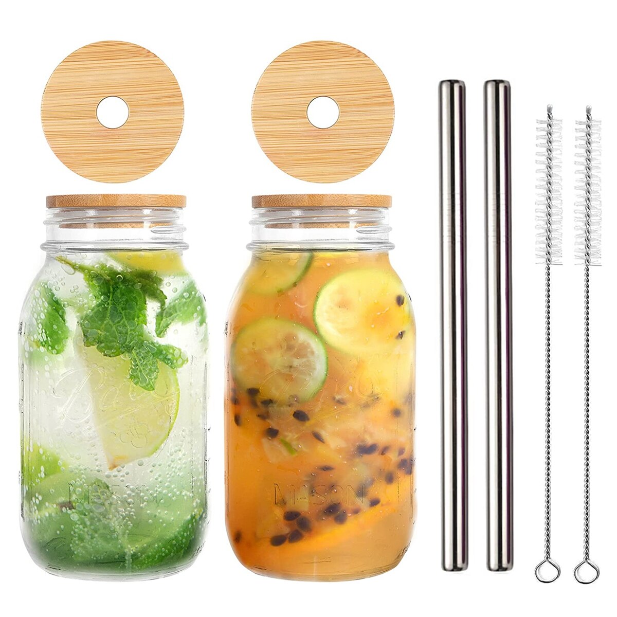Lot de 2 pots de maçon en verre avec paille, verre réutilisable avec couvercle en bambou, pot de maçon à large bouche pour Boba Bubble Tea: 800ml Silver Straws