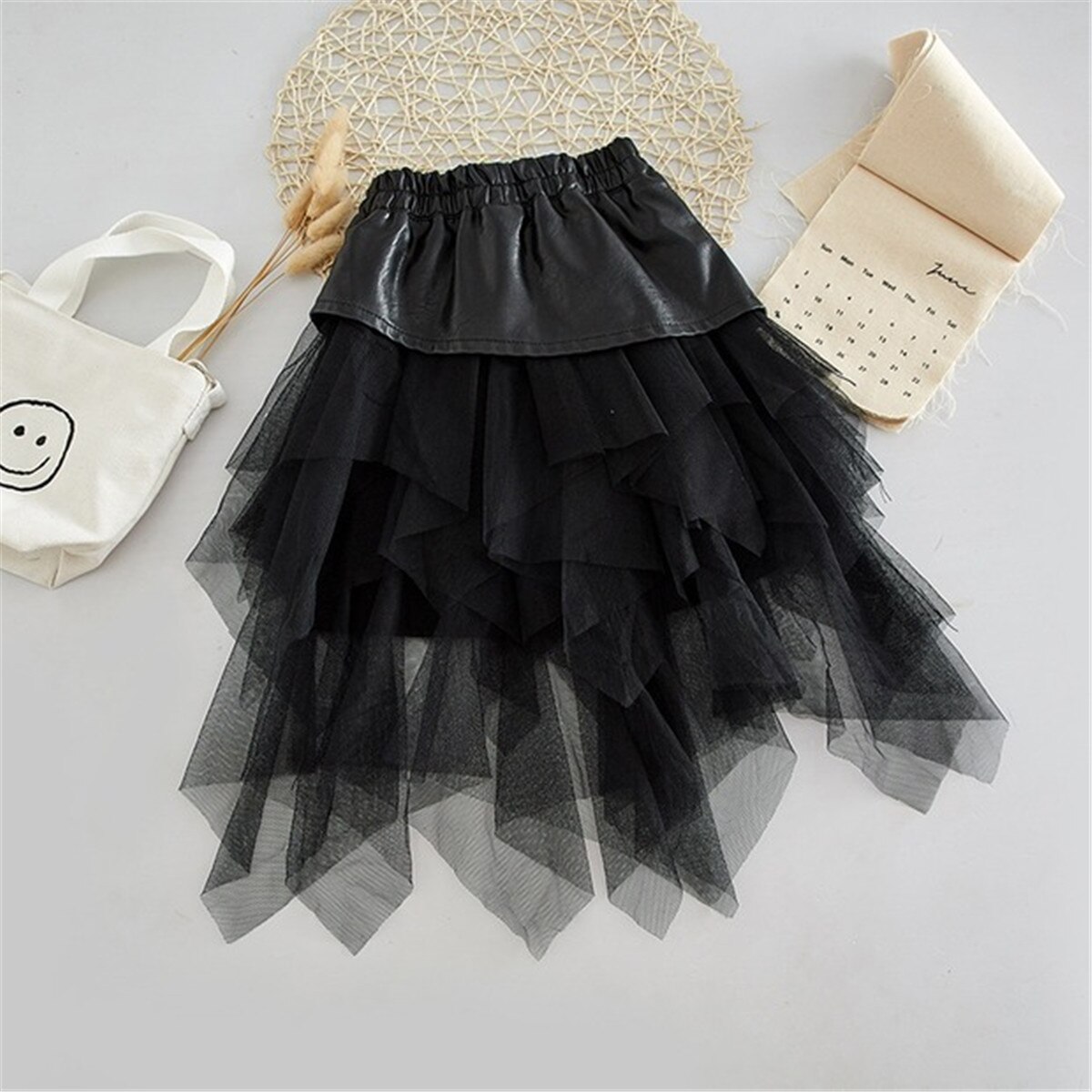 2-8Y Cool Kids Baby Girls Skirts Black PU Button Tulle Patch Tutu Skirt Princess Toddler Party Skirt