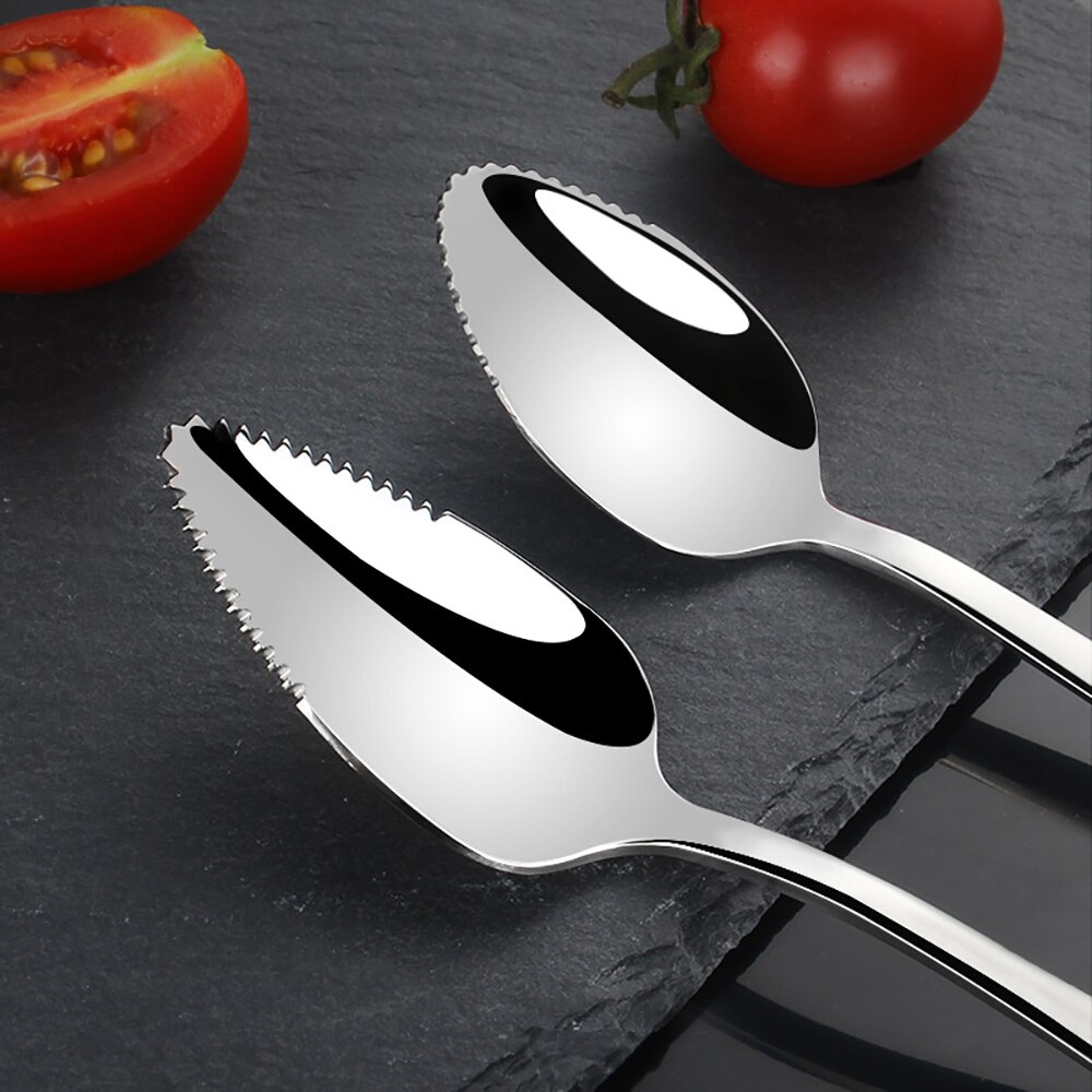 Spegel polering efterrätt skedar slät rostfritt stål grapefrukt sked räfflad kant skuren frukt kök gadget matlagning verktyg