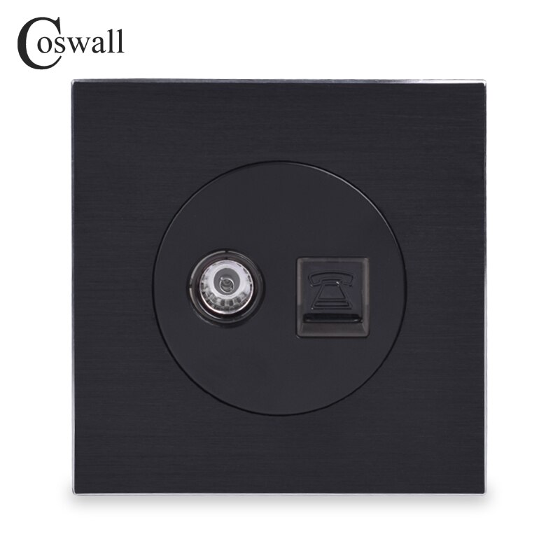 Coswall Aluminum Panel Female TV Connector With CAT3 RJ11 4 Core Telephone Jack Wall Socket Knight Black R12 Series: Default Title
