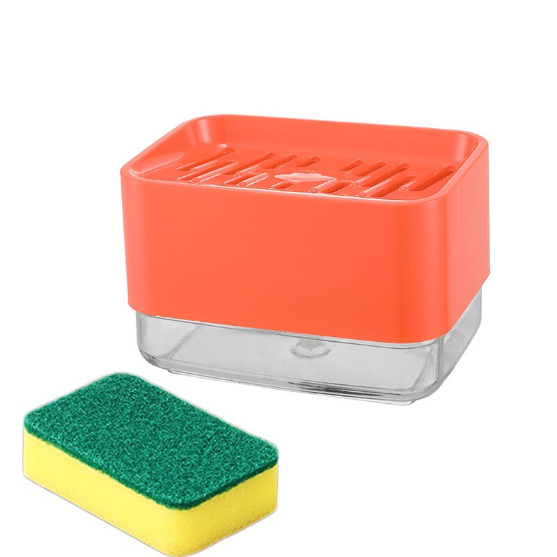 Soap Pump Dispenser 2-in-1 Liquid Dispenser Container With Sponge Holder Hand Press Soap Organizer Kitchen Cleaner Tools: Orange With Sponge