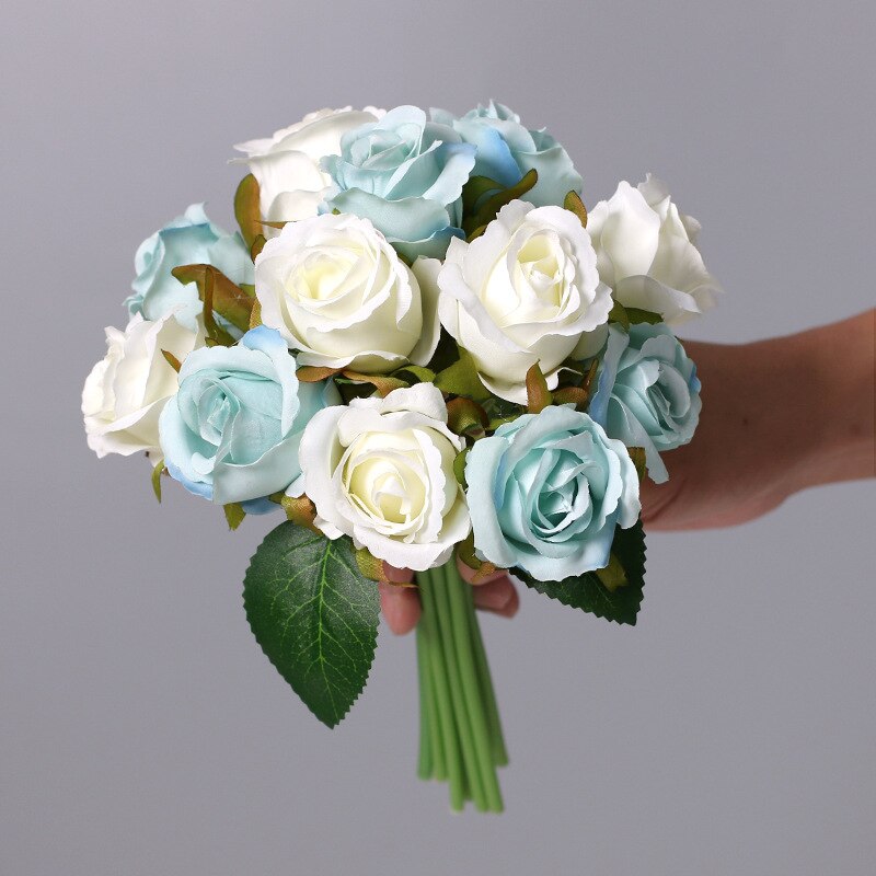 12Pcs Artificial Flowers Rose, Silk Roses Bridal Wedding 1 Bouquet Decoration Home Office Party Decor Arrangements: Blue and Purple