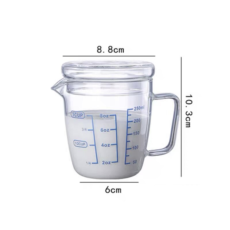 250/500ml Glass Measuring Cup Heat Resistant Milk Jug with Scale and Lid Microwave Safe Tea Coffee Pitcher Baking Tools: 250ml with lid