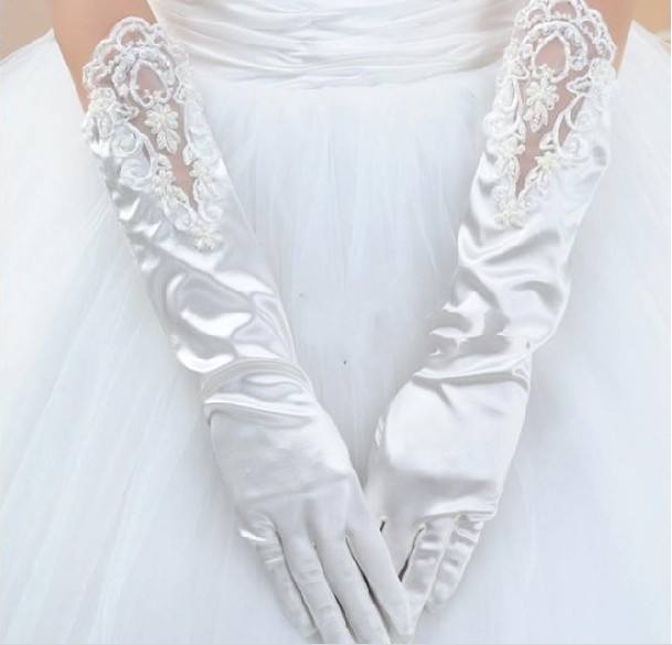 Guantes largos de 38cm con cuentas para mujer, traje de baile de dama de honor, boda, , de encaje,
