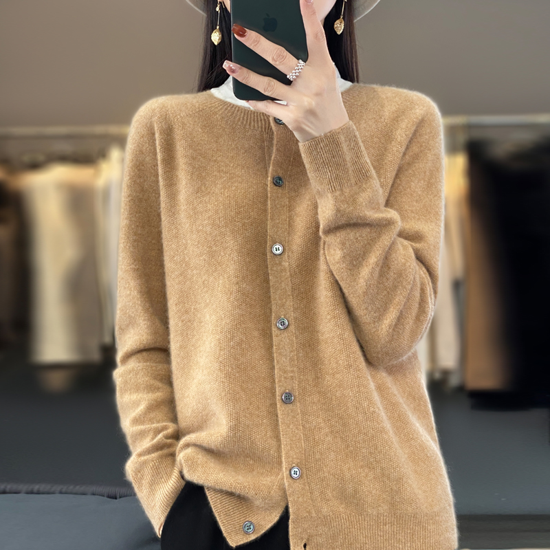 mujer 100% cárdigans de lana merina suéter de cachemira Otoño Invierno cuello redondo prendas de punto de manga larga ropa básica femenina Tops