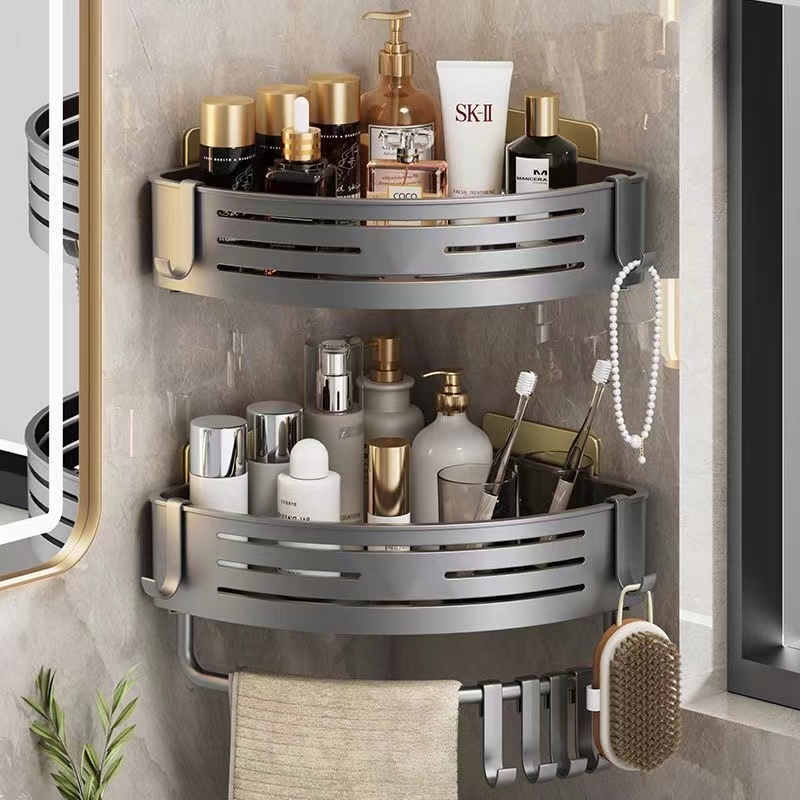 Estante esquinero para baño sin taladro, estantes esquineros para ducha montados en la pared con gancho, barra de toalla, estante organizador de baño de aluminio espacial