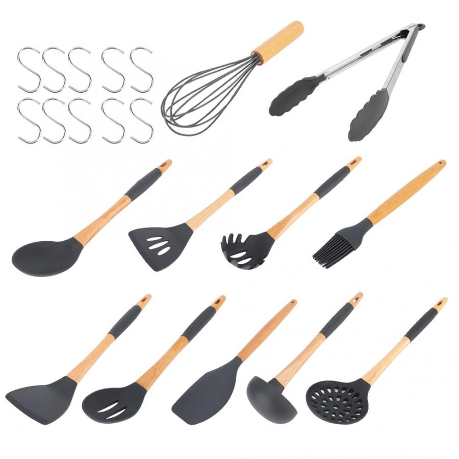 11 st silikon köksredskap set nonstick spatel set trähandtag kök matlagning set med s krokar hem kökstillbehör