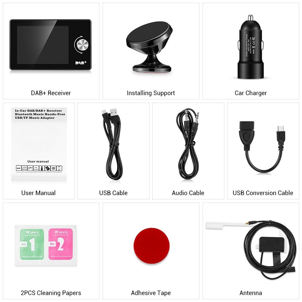 Bærbar bil dab digital radio bluetooth +mp3+ fm+ubegrenset forhåndsinnstilling+håndfri samtale+aux inn/ut+dobbel usb billader+tf kortspill 64g