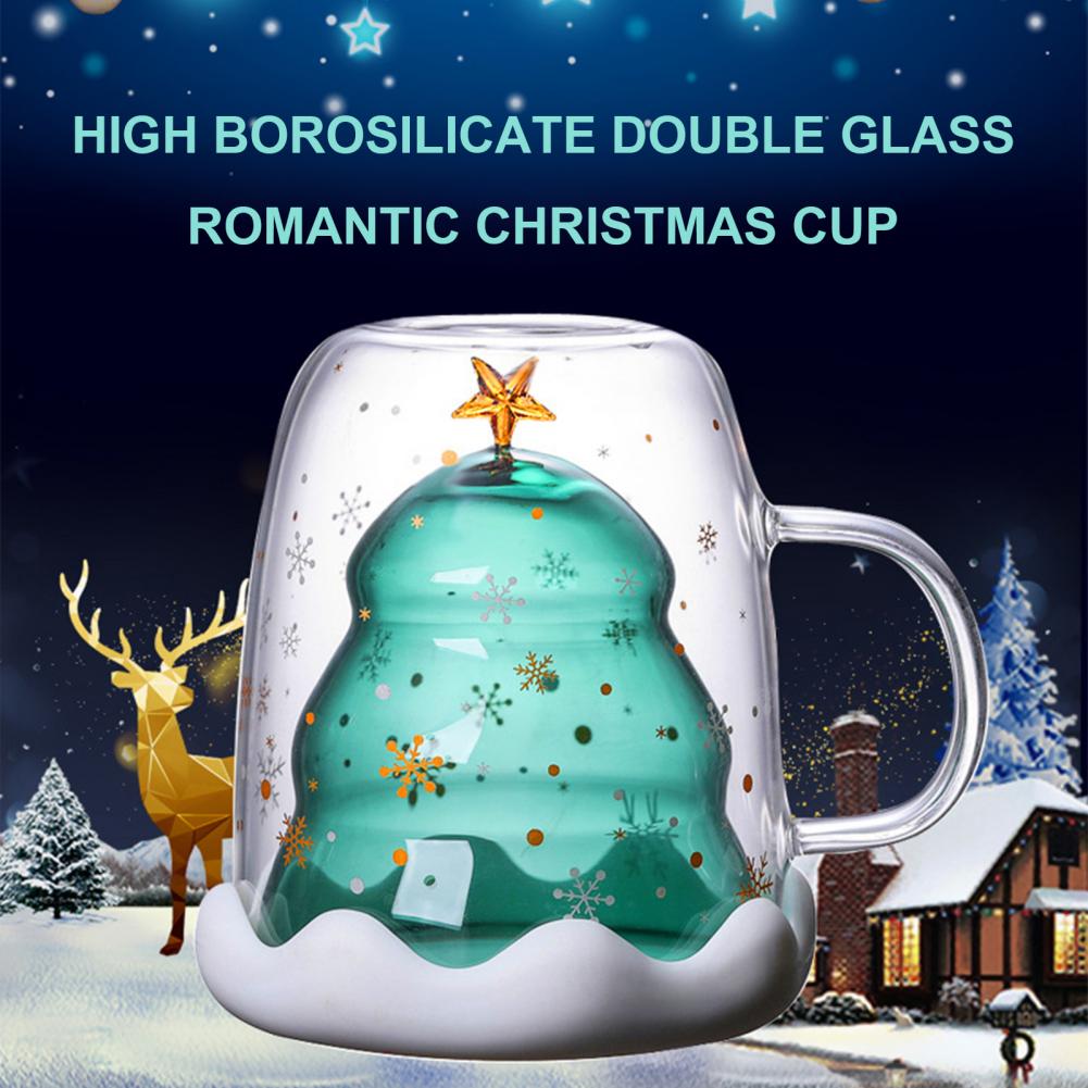 Taza de vidrio de doble capa con mango para té, vaso de vidrio de borosilicato de alta resistencia al calor con forma de árbol de Navidad, herramientas de cocina, 250ML