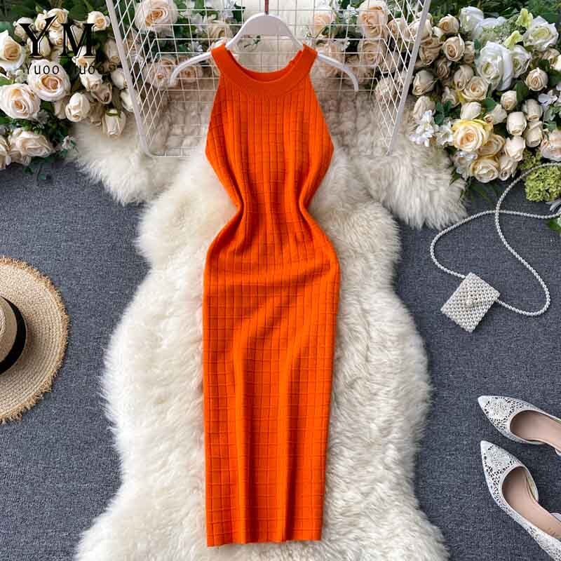 YuooMuoo-robe moulante, à la pour femmes, col licou, en tricot, sans manches, Streetwear, nouveauté pour l'été: Orange