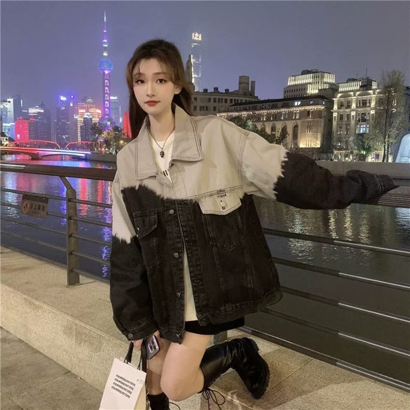 Dame vintage langærmet denimjakke gradient afslappet løse jeans store frakker dame vinterbomber street denim outwear top