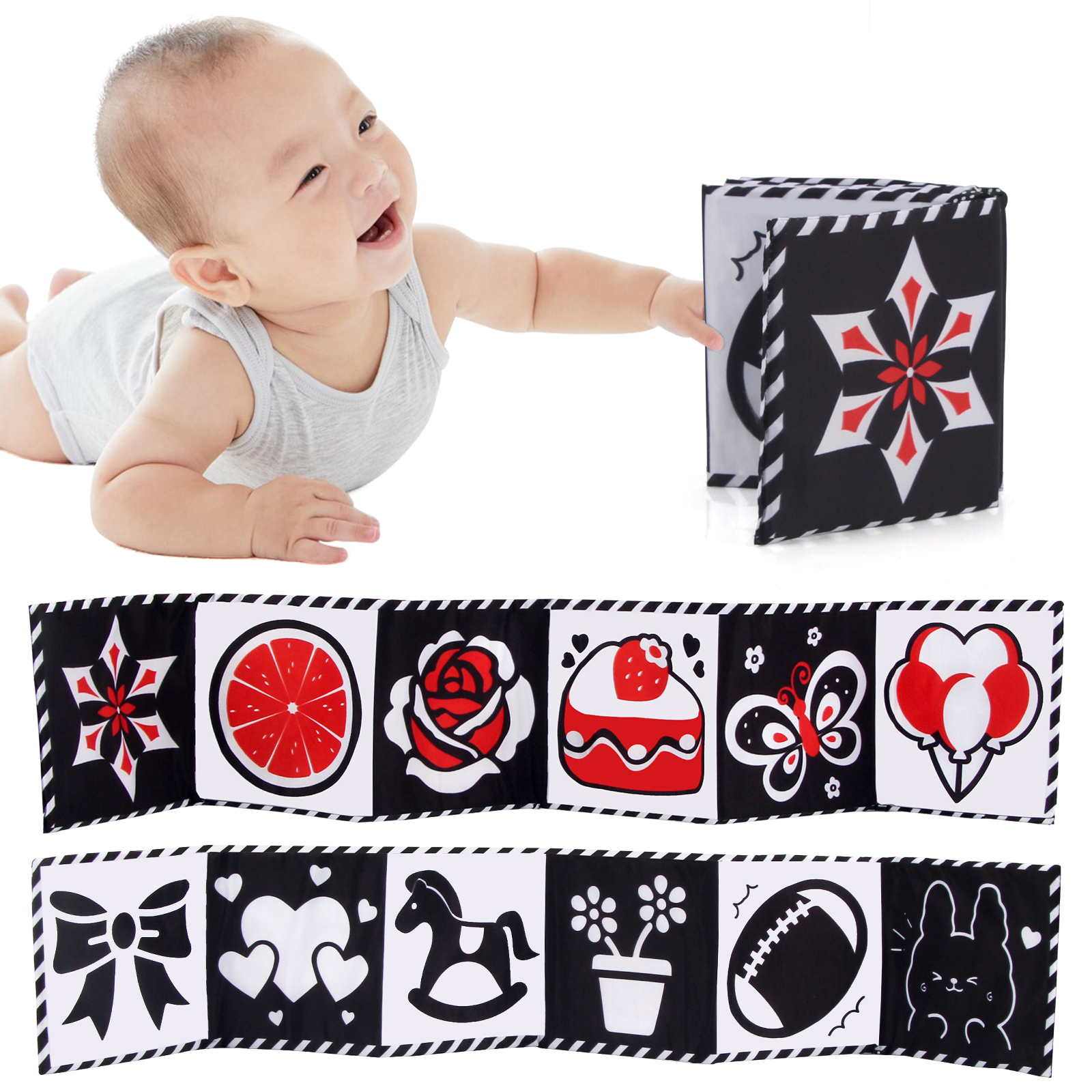 Libro de tela sensorial, juguetes para bebés de alto contraste de 0 a 12 meses, juguetes para cuna para recién nacidos, libros de tela de animales en blanco y negro, libro para bebés Montessori: Oro