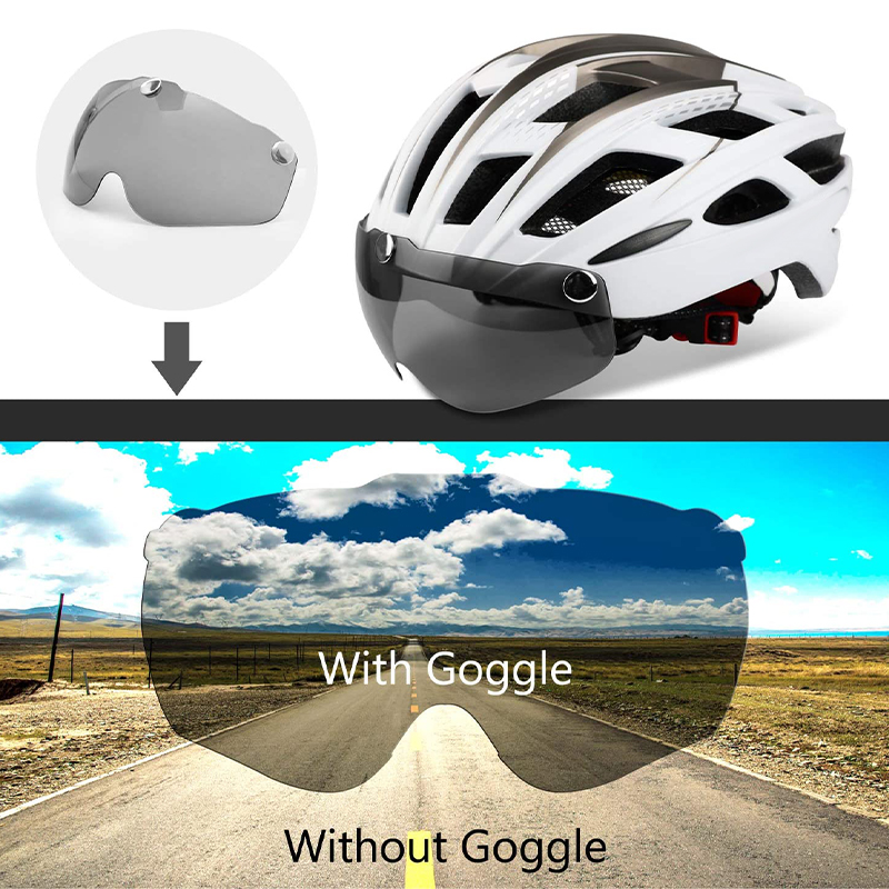 Casco de bicicleta, casco de bicicleta con luz trasera y gafas magnéticas desmontables y mochila portátil Casco de ciclismo ligero ajustable para adultos Hombres Mujeres Montaña y carretera